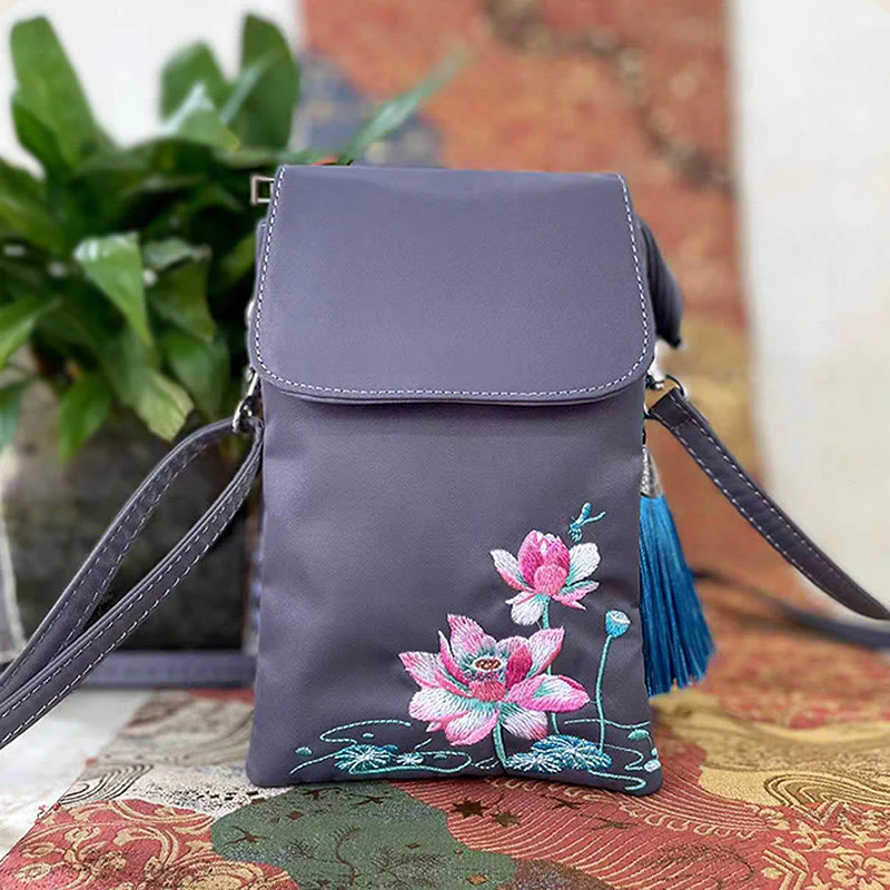 Borsa a tracolla con fiori di loto ricamati a mano, impermeabile , Buddha Stones , borsa per cellulare - Image 25