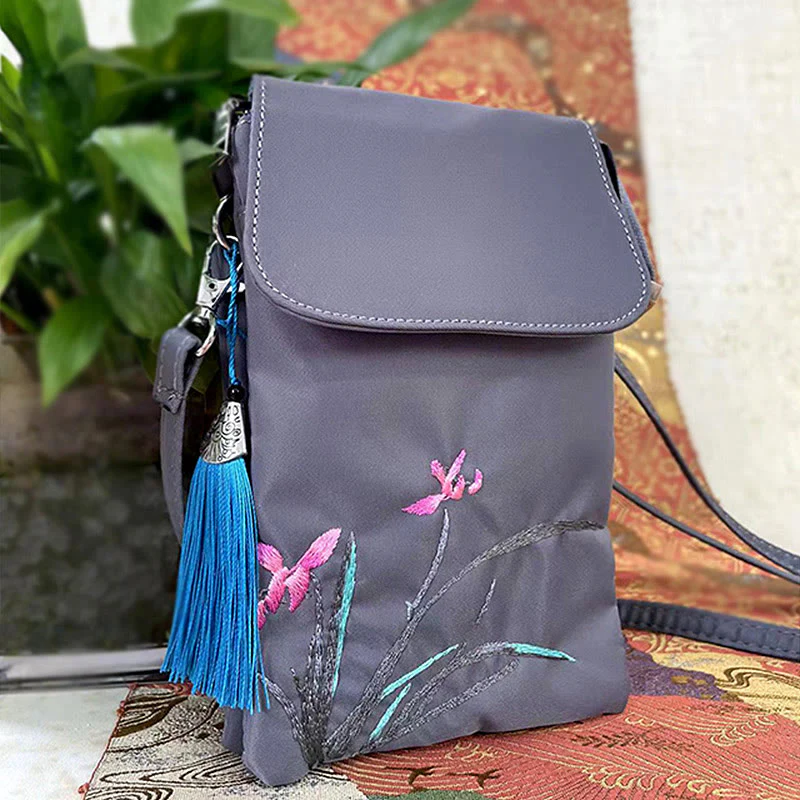 Borsa a tracolla con fiori di loto ricamati a mano, impermeabile , Buddha Stones , borsa per cellulare - Image 26