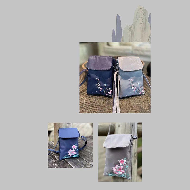 Borsa a tracolla con fiori di loto ricamati a mano, impermeabile , Buddha Stones , borsa per cellulare - Image 30