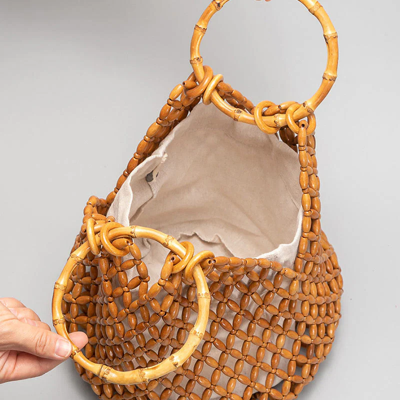 Borsa a tracolla con manico in bambù, perline di legno intrecciate a mano , Buddha Stones - Image 11