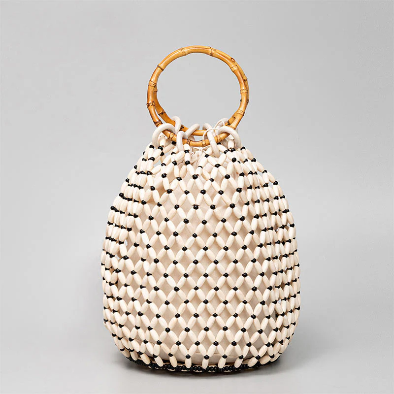 Borsa a tracolla con manico in bambù, perline di legno intrecciate a mano , Buddha Stones - Image 4