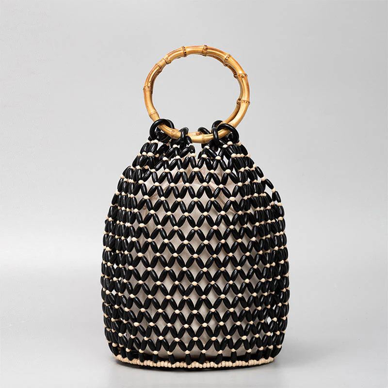 Borsa a tracolla con manico in bambù, perline di legno intrecciate a mano , Buddha Stones - Image 7