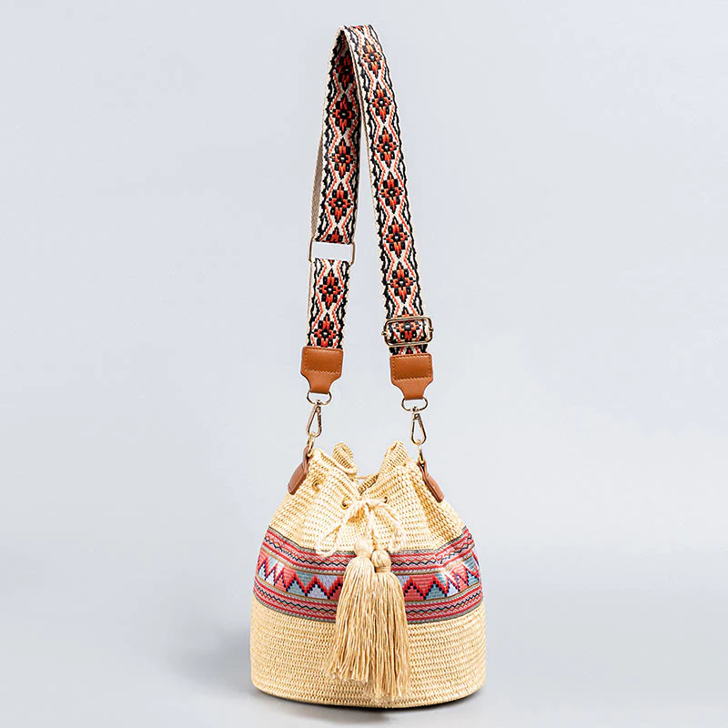 Borsa a tracolla con nappe, motivo : Buddha Stones Beach Geometry, in paglia intrecciata