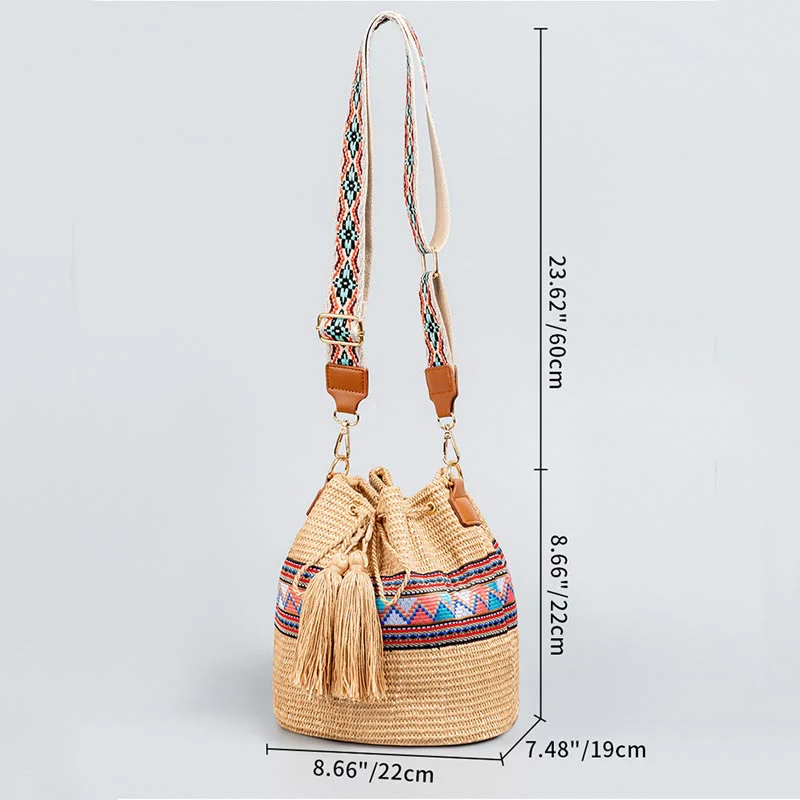 Borsa a tracolla con nappe, motivo : Buddha Stones Beach Geometry, in paglia intrecciata - Image 10
