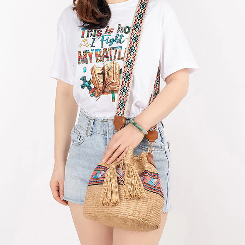 Borsa a tracolla con nappe, motivo : Buddha Stones Beach Geometry, in paglia intrecciata - Image 12