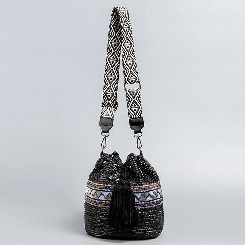 Borsa a tracolla con nappe, motivo : Buddha Stones Beach Geometry, in paglia intrecciata - Image 14