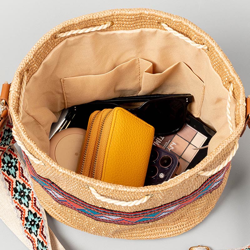 Borsa a tracolla con nappe, motivo : Buddha Stones Beach Geometry, in paglia intrecciata - Image 5