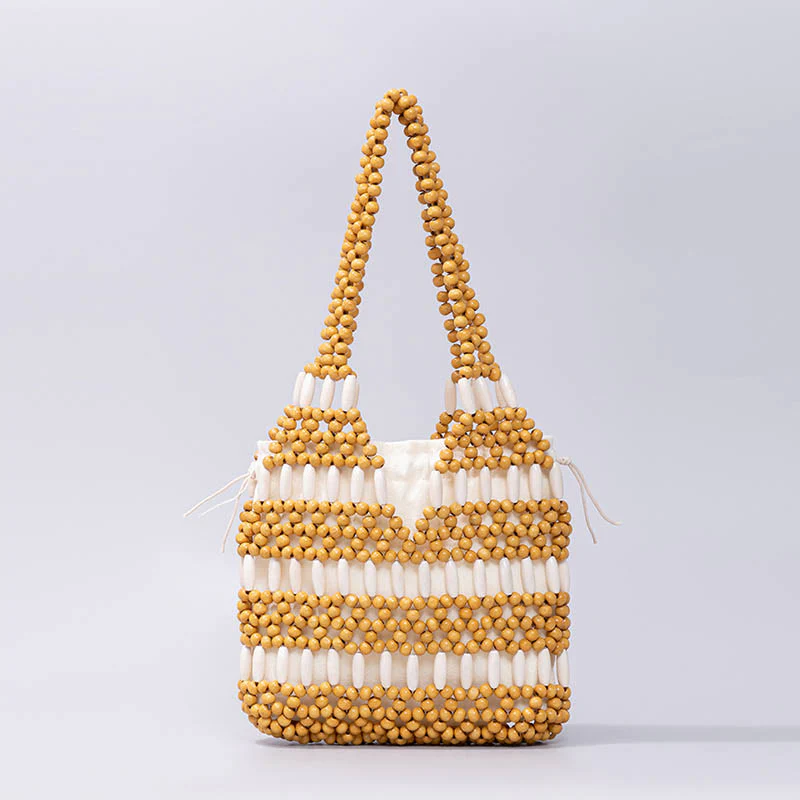 Borsa a tracolla con perline di legno rotonde intrecciate a mano Buddha Stones
