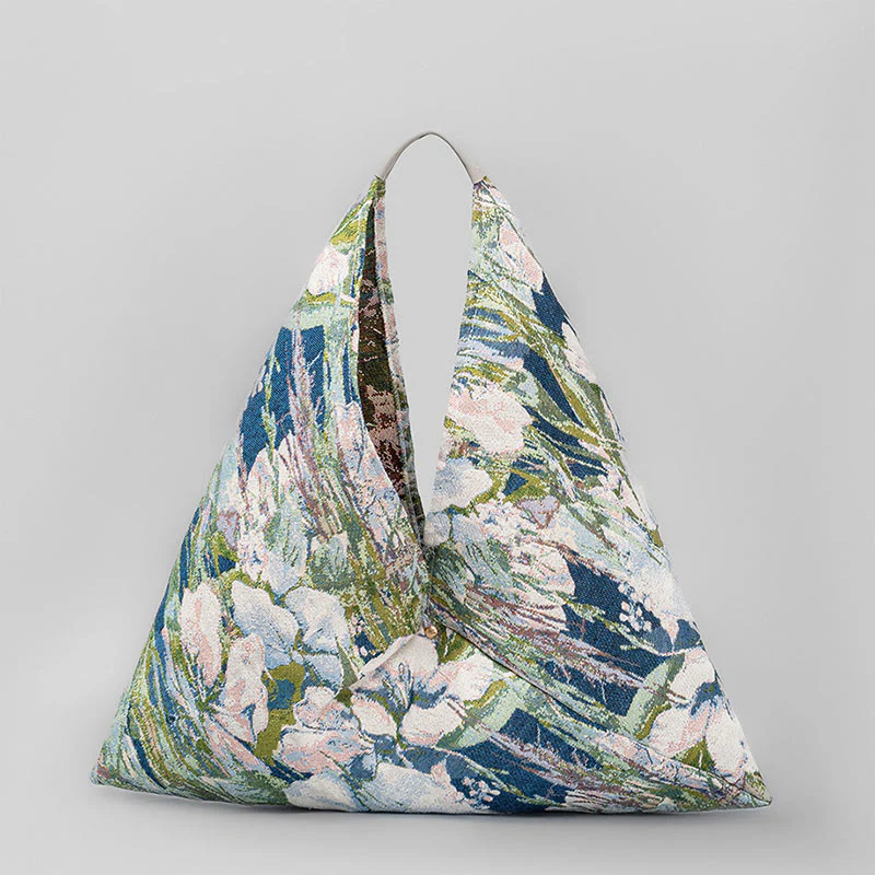 Borsa a tracolla con stampa geometrica a triangolo sotto le ascelle, motivo: Buddha Stones, fiori, lettere, farfalle