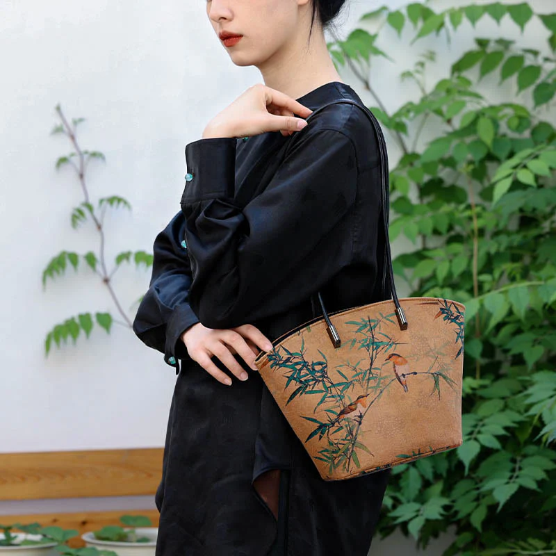 Borsa a tracolla grande capacità Buddha Stones Vintage Bamboo Magpie Peony Butterfly - Image 5