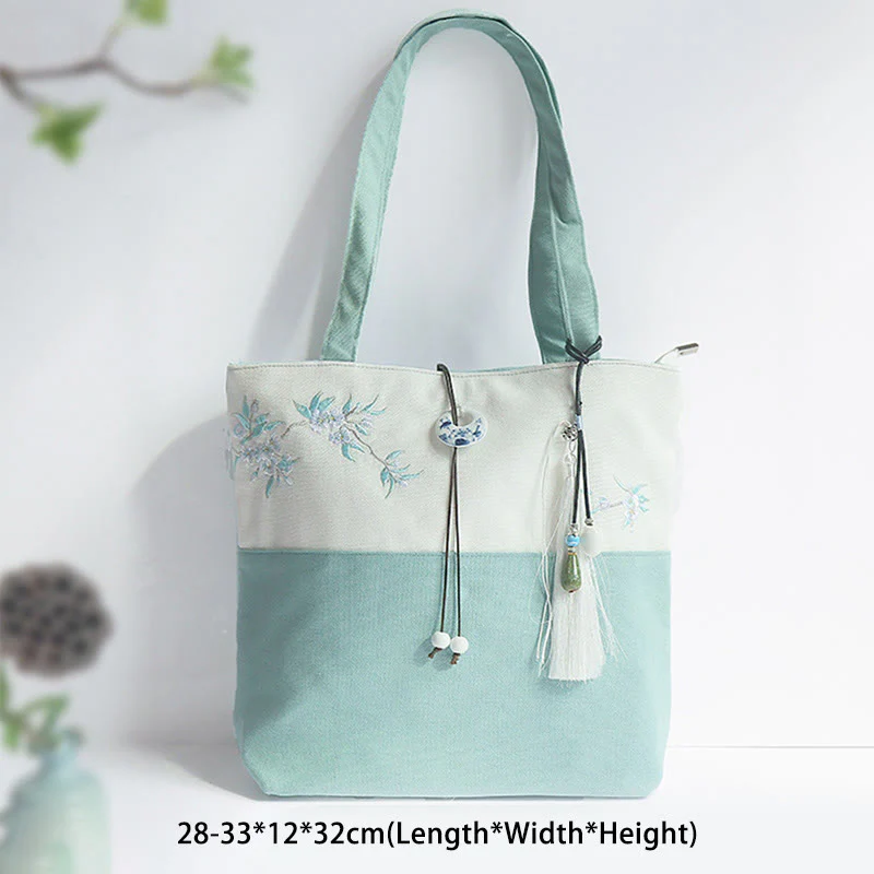 Borsa a tracolla grande capacità in tela con ricamo in bambù, prugna, fiore di pera, pesco - Image 2