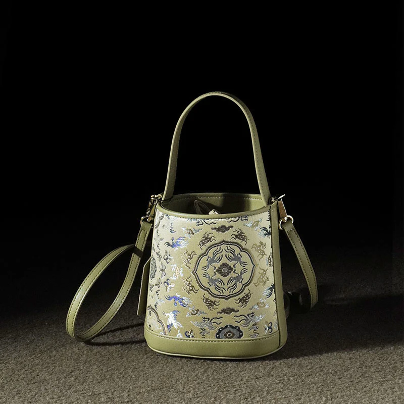Borsa a tracolla in broccato con ciondolo a forma di gru e cervo, stile retrò, Buddha Stones