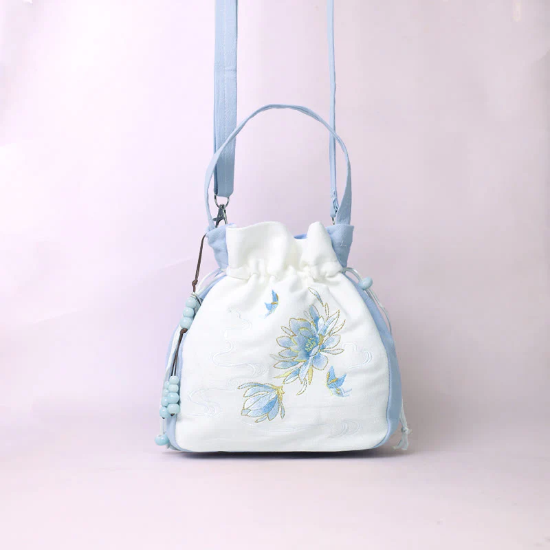 Borsa a tracolla in cotone e lino con Buddha Stones , farfalla ricamata, loto, magnolia, borsa a tracolla - Image 12