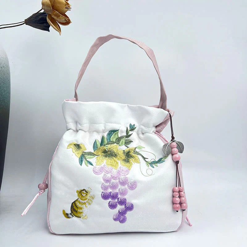 Borsa a tracolla in cotone e lino con ricamo a forma di Buddha Stones, osmanto, peonia, uva, gatto, borsa a tracolla - Image 10
