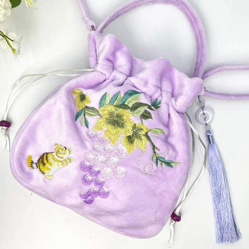 Borsa a tracolla in cotone e lino con ricamo a forma di Buddha Stones, osmanto, peonia, uva, gatto, borsa a tracolla - Image 13