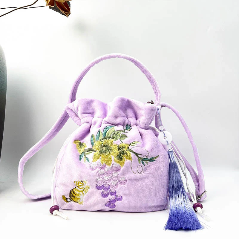 Borsa a tracolla in cotone e lino con ricamo a forma di Buddha Stones, osmanto, peonia, uva, gatto, borsa a tracolla - Image 14