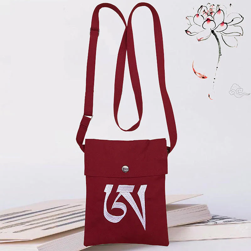 Borsa a tracolla in cotone ricamata a mano con mantra OM e pratica spirituale della mente, borsa a tracolla per cellulare - Image 3