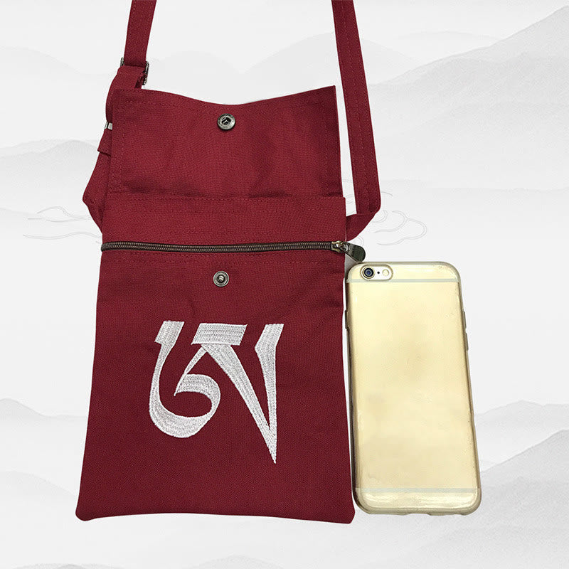 Borsa a tracolla in cotone ricamata a mano con mantra OM e pratica spirituale della mente, borsa a tracolla per cellulare - Image 4