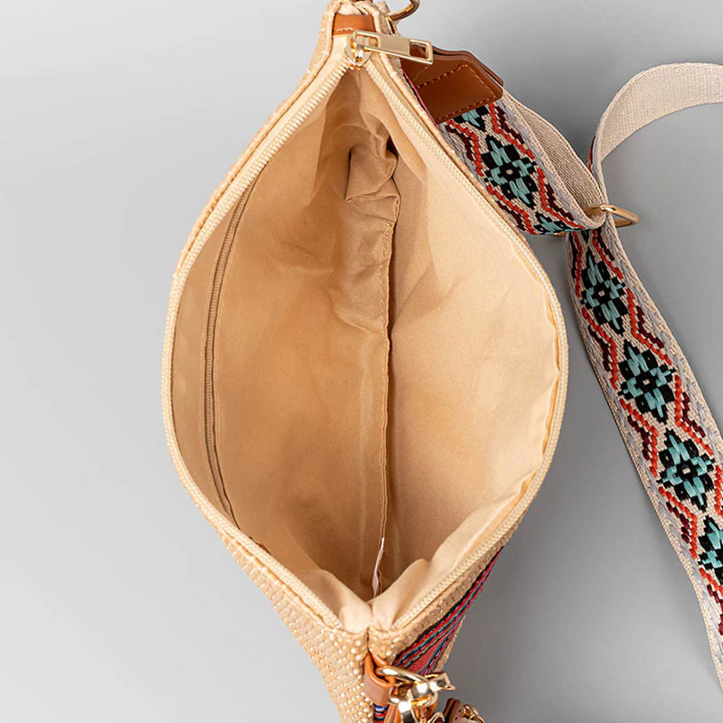 Borsa a tracolla in paglia intrecciata con geometria colorata, motivo Buddha Stones Boho - Image 2