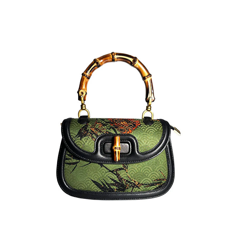 Borsa a tracolla in seta Xiangyunsha con manico in bambù e fiore curvo Buddha Stones - Image 7