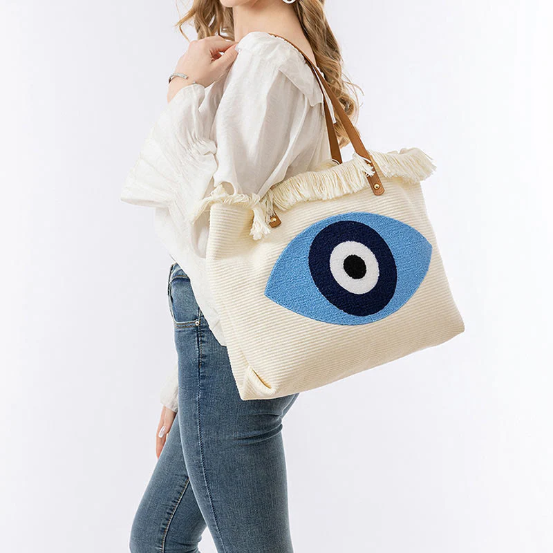 Borsa a tracolla in tela con nappa Hamsa, grande capacità, con foglie di malocchio e Buddha Stones - Image 10