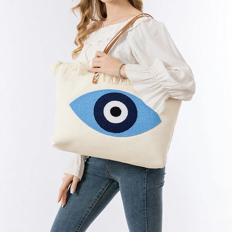 Borsa a tracolla in tela con nappa Hamsa, grande capacità, con foglie di malocchio e Buddha Stones - Image 11