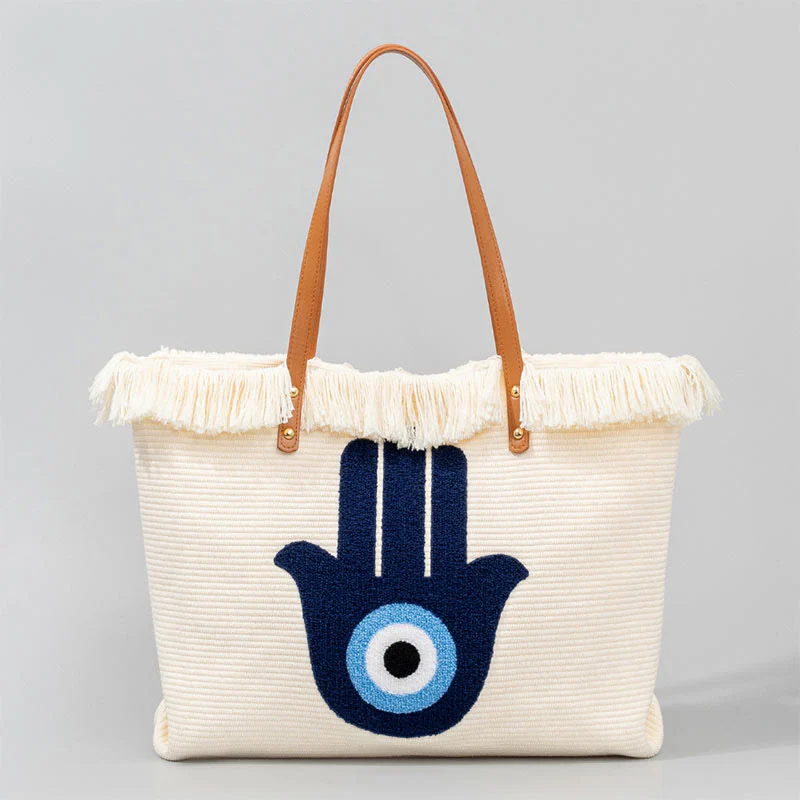 Borsa a tracolla in tela con nappa Hamsa, grande capacità, con foglie di malocchio e Buddha Stones - Image 16