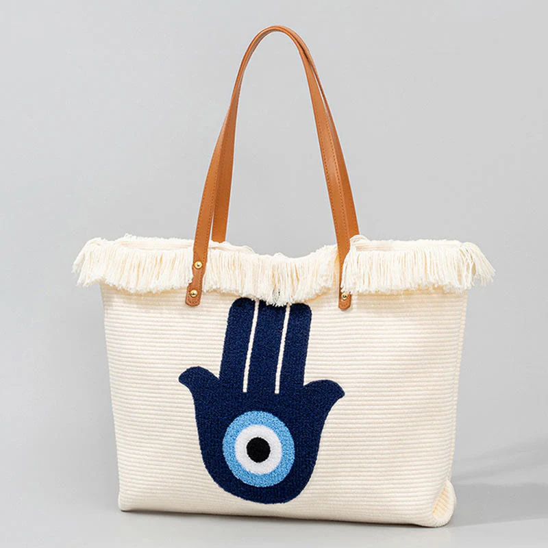 Borsa a tracolla in tela con nappa Hamsa, grande capacità, con foglie di malocchio e Buddha Stones - Image 17