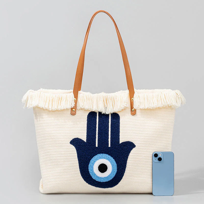 Borsa a tracolla in tela con nappa Hamsa, grande capacità, con foglie di malocchio e Buddha Stones - Image 18