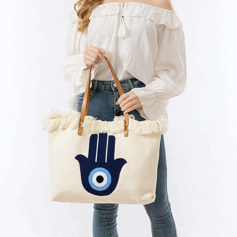Borsa a tracolla in tela con nappa Hamsa, grande capacità, con foglie di malocchio e Buddha Stones - Image 21