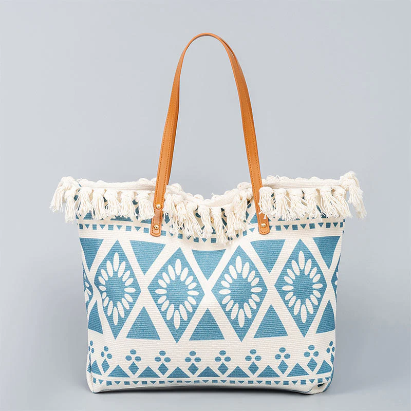 Borsa a tracolla in tela con stampa geometrica Boho di grande capacità e Buddha Stones