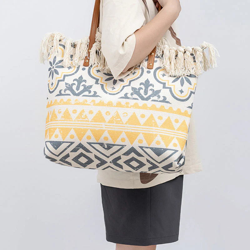 Borsa a tracolla in tela con stampa geometrica Boho di grande capacità e Buddha Stones - Image 11