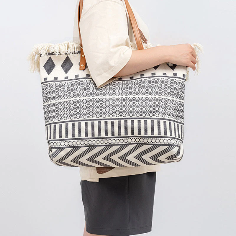 Borsa a tracolla in tela con stampa geometrica Boho di grande capacità e Buddha Stones - Image 13