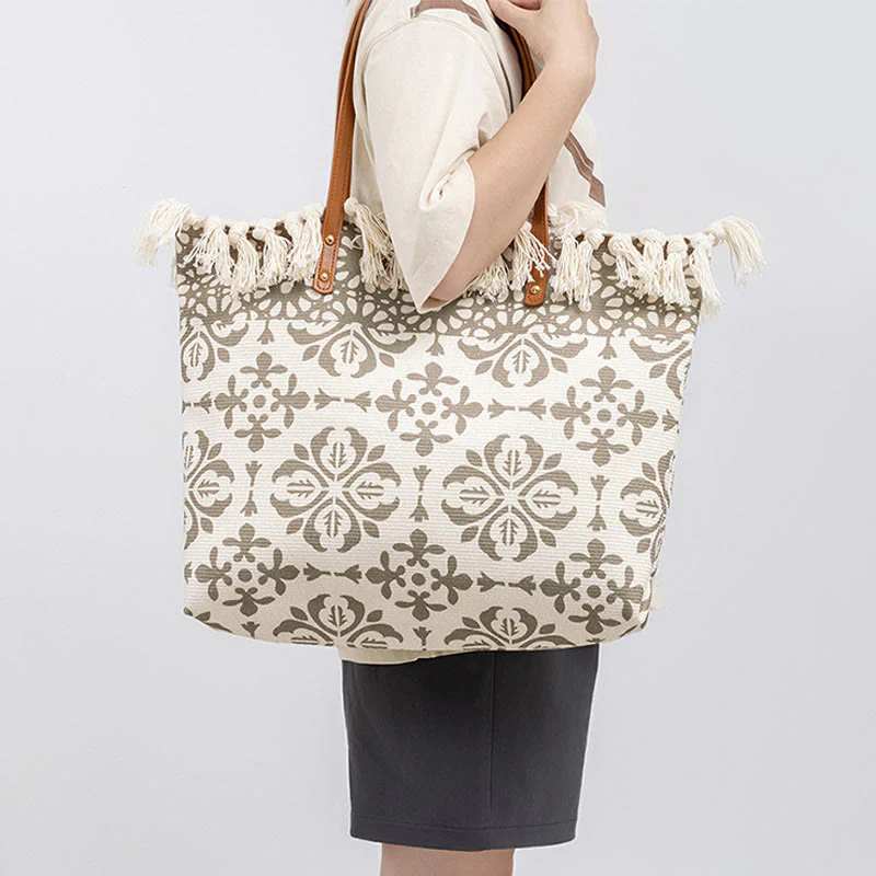 Borsa a tracolla in tela con stampa geometrica Boho di grande capacità e Buddha Stones - Image 9