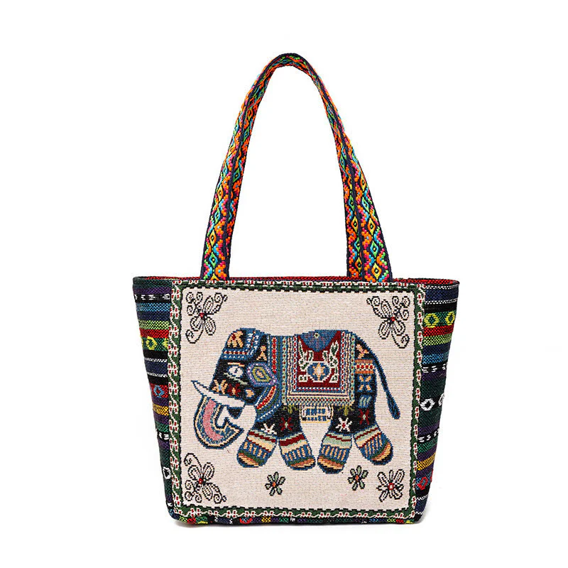 Borsa a tracolla in tela di grande capacità ricamata con elefante e farfalla , Buddha Stones