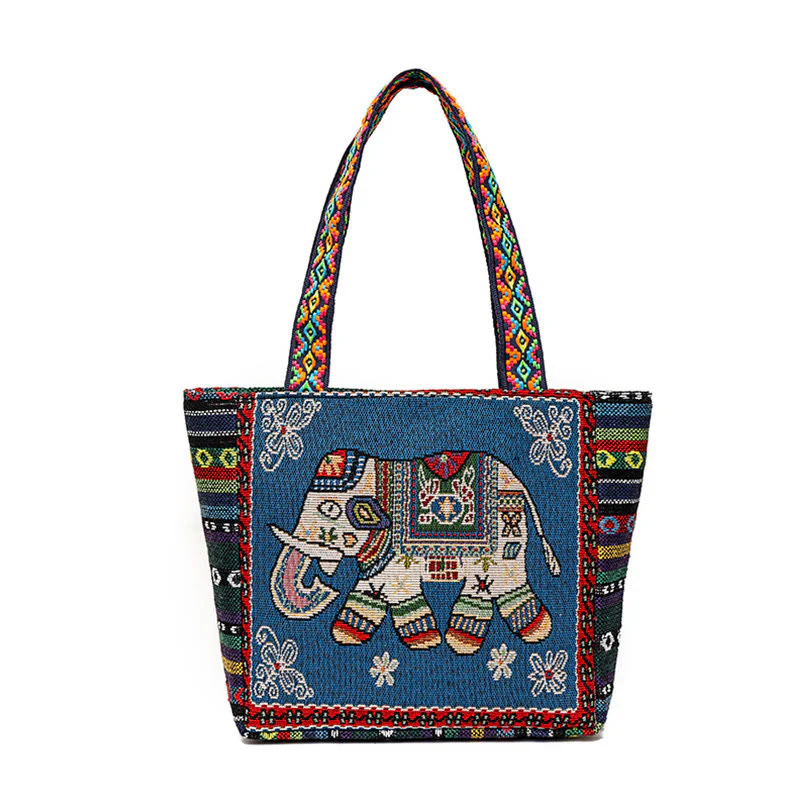 Borsa a tracolla in tela di grande capacità ricamata con elefante e farfalla , Buddha Stones - Image 19