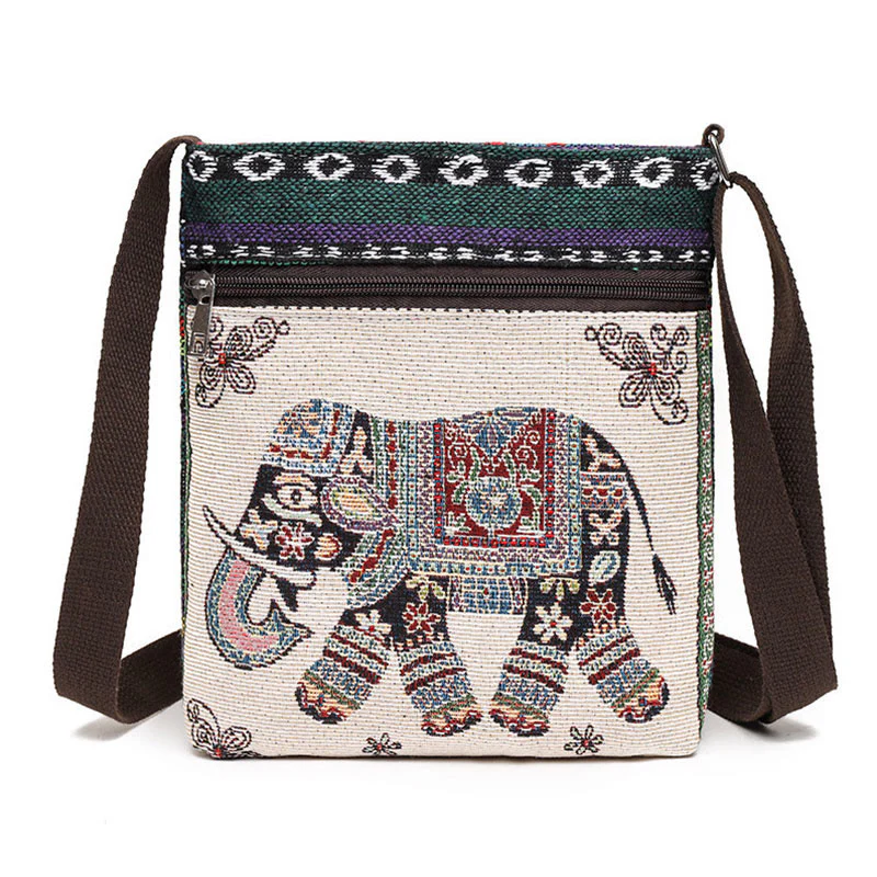 Borsa a tracolla in tela ricamata con elefante e farfalla, motivo Buddha Stones