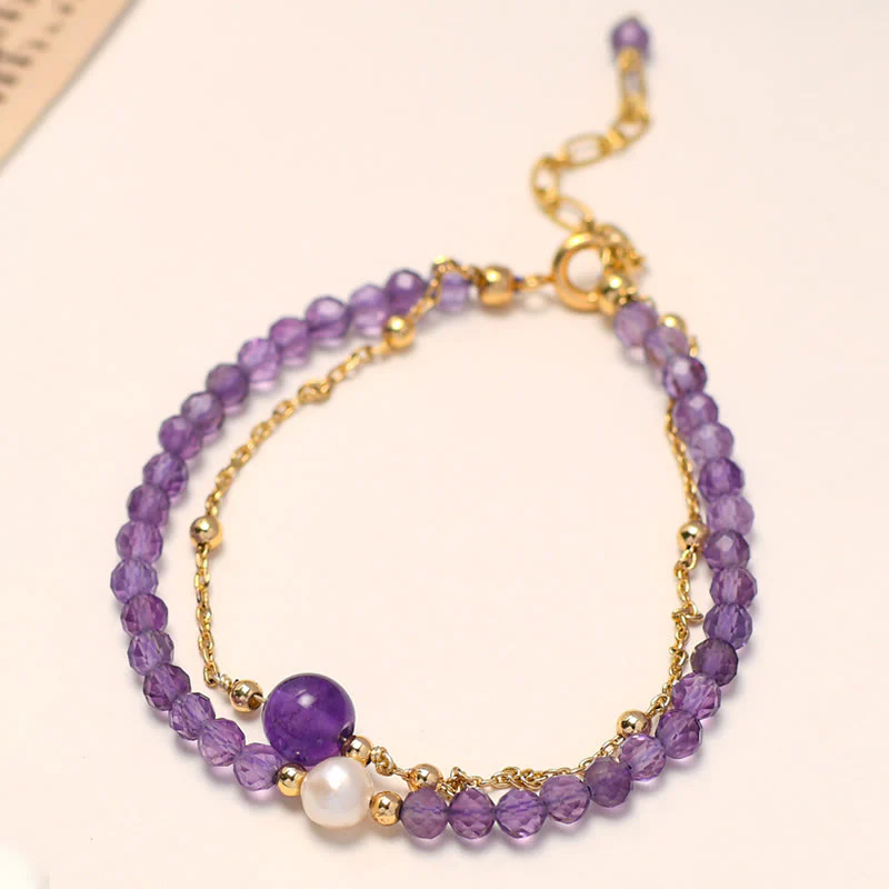 Bracciale a catena a doppio strato con cristalli di ametista placcati in oro 14K Buddha Stones - Image 6