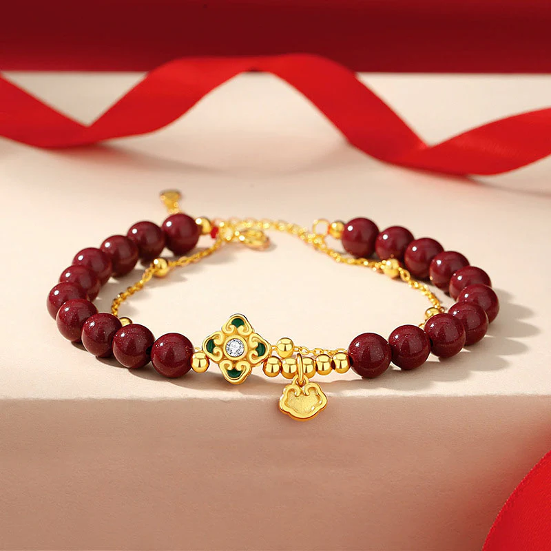 Bracciale a catena con fiore a quadrifoglio e cinabro naturale in argento sterling 925 con Buddha Stones