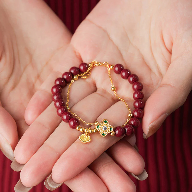Bracciale a catena con fiore a quadrifoglio e cinabro naturale in argento sterling 925 con Buddha Stones - Image 8
