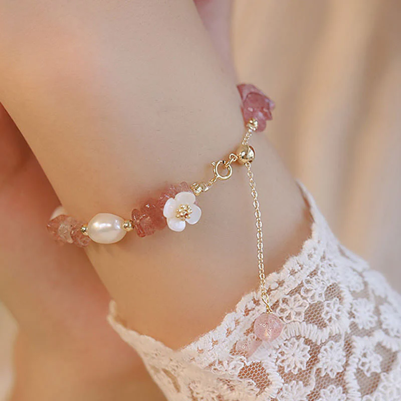 Bracciale a catena curativa con quarzo fragola irregolare naturale e perla bianca Buddha Stones - Image 3