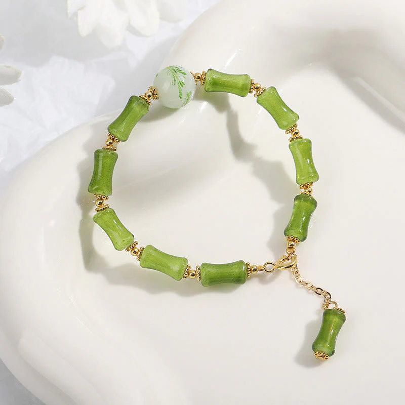 Bracciale a catena della ricchezza in agata muschiata con motivo in bambù verde Buddha Stones Liuli - Image 2