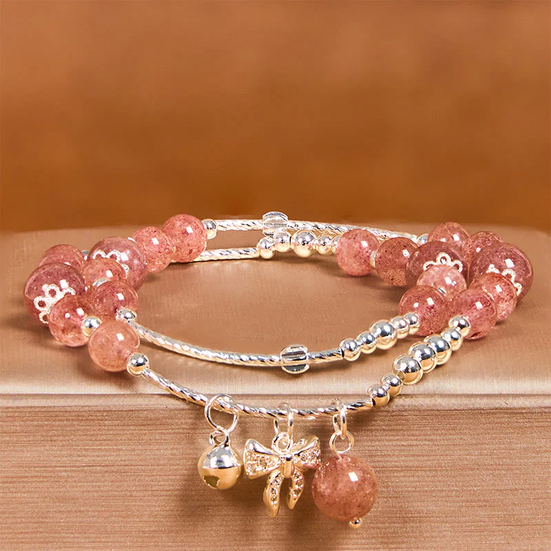 Bracciale a doppio giro con ciondolo a rosetta con fiocco e nodo in quarzo fragola naturale Buddha Stones - Image 3