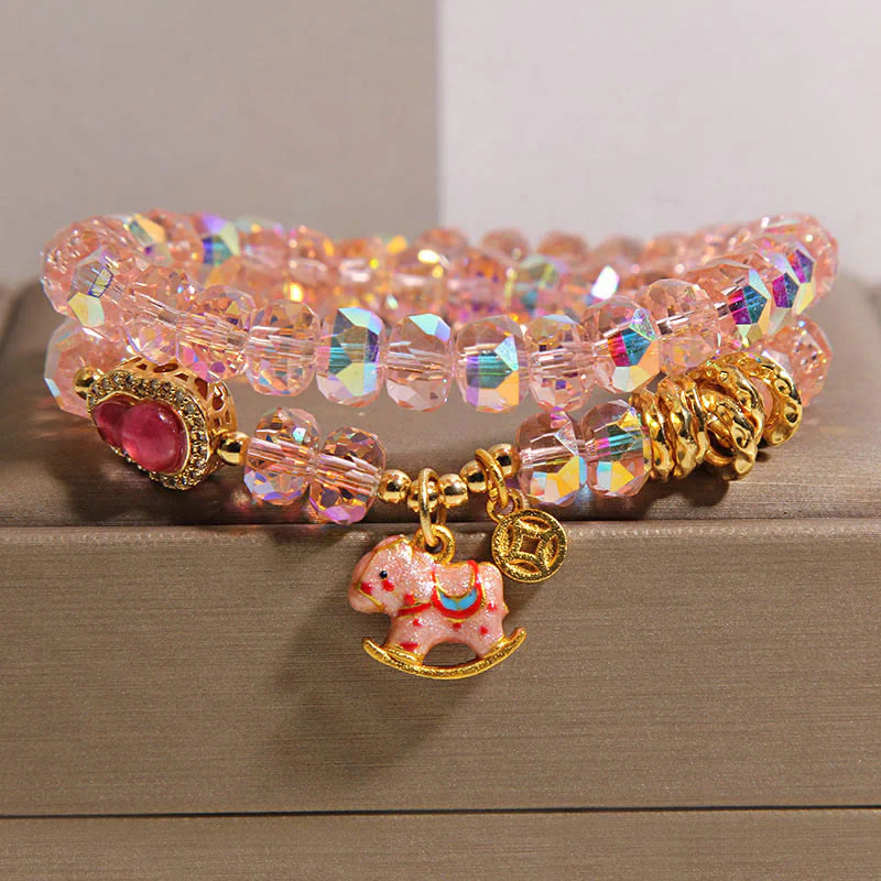 Bracciale a doppio giro con moneta di rame, zucca, cristallo, vetro Buddha Stones zodiaco cinese dell'anno del cavallo