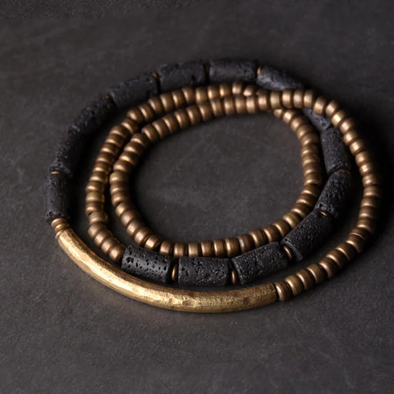 Bracciale avvolgente multistrato in perline di rame e roccia lavica vintage Buddha Stones