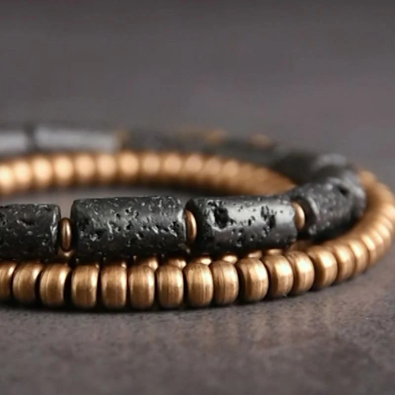 Bracciale avvolgente multistrato in perline di rame e roccia lavica vintage Buddha Stones - Image 4
