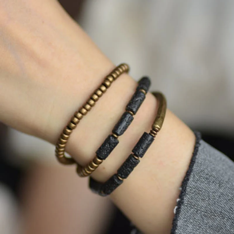Bracciale avvolgente multistrato in perline di rame e roccia lavica vintage Buddha Stones - Image 8