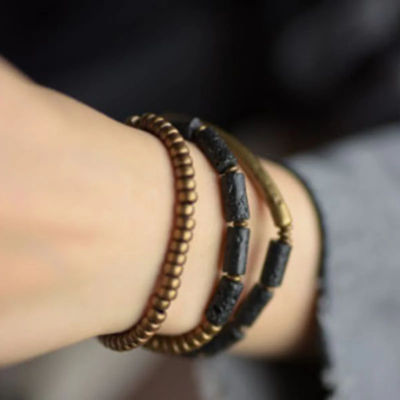 Bracciale avvolgente multistrato in perline di rame e roccia lavica vintage Buddha Stones - Image 9