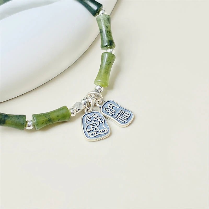 Bracciale Buddha Stones 925 Sterling Silver Bamboo Jade Lucky Cat Fu Character Luck Abundance - Image 3