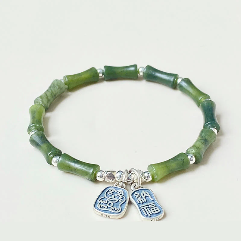 Bracciale Buddha Stones 925 Sterling Silver Bamboo Jade Lucky Cat Fu Character Luck Abundance - Image 5